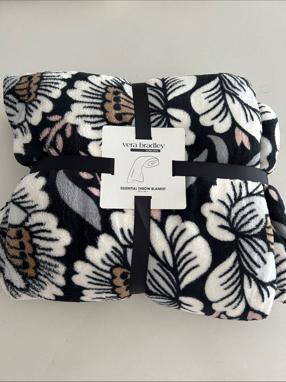 Vera Bradley Black Floral Plush Throw with Cream, Pink & Tan Accents
